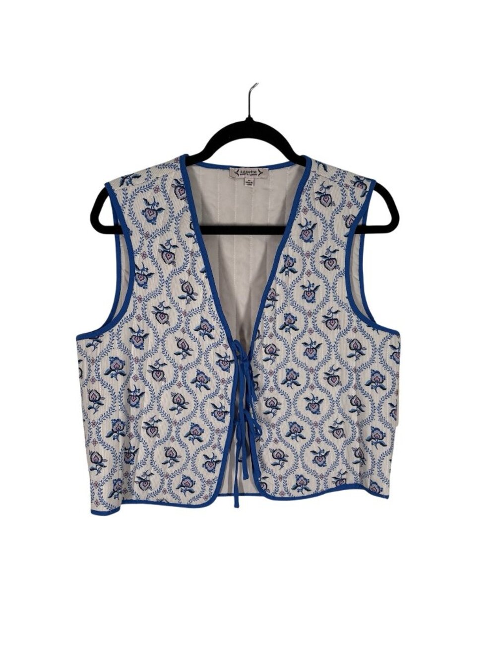 Nanette Lepore Women M Cream Blue Floral Boho Quilted Tie Front Vest NWT